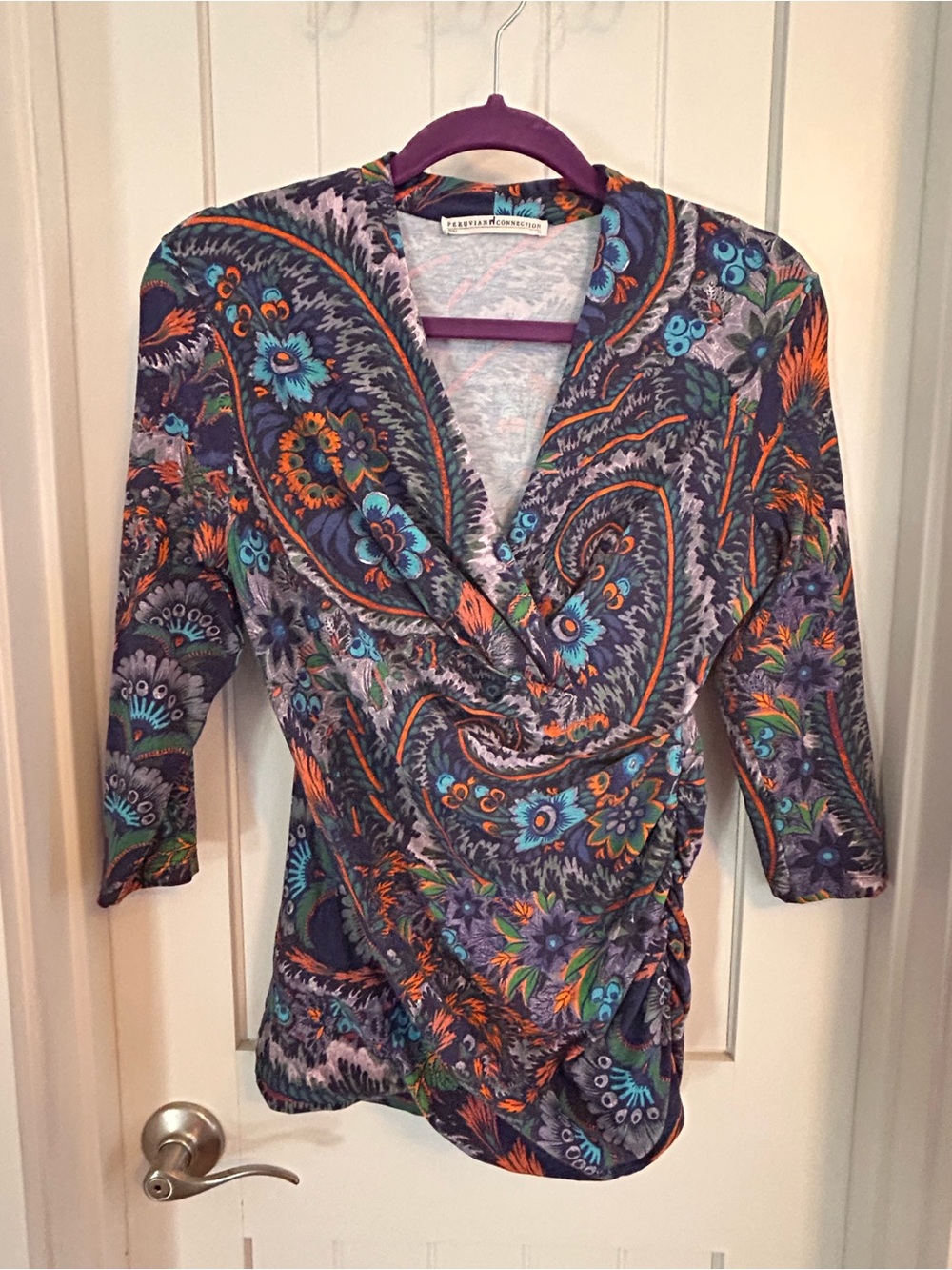 Peruvian Connection Paisley Wrap Ruched Top Medium Pima Cotton